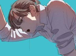 Rule 34 | 1girl, bent over, blue background, brown eyes, brown hair, collared shirt, commentary, drooling, katsuoboshi, open mouth, original, saliva, shirt, short hair, short ponytail, simple background, sleeves rolled up, solo, sweat, upper body, white shirt