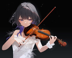 Rule 34 | 1girl, absurdres, bare shoulders, black background, black hair, blue eyes, blue hair, closed mouth, collarbone, commentary, dress, english commentary, grey background, highres, holding, holding instrument, instrument, long hair, mayogii, multicolored hair, original, smile, solo, strapless, strapless dress, two-tone hair, upper body, violin, white dress, wrist cuffs
