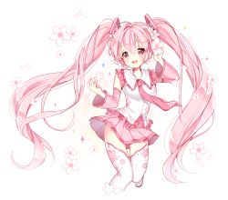 Rule 34 | 1girl, detached sleeves, flower, hair flower, hair ornament, hatsune miku, long hair, necktie, open mouth, pingo, pink eyes, pink hair, pleated skirt, sakura miku, simple background, skirt, solo, thigh gap, thighhighs, twintails, very long hair, vocaloid, white background