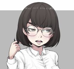 Rule 34 | 1girl, black hair, blush, breasts, close-up, glasses, grey eyes, twirling hair, ina (gokihoihoi), large breasts, open mouth, original, shirt, simple background, solo, upper body, white shirt