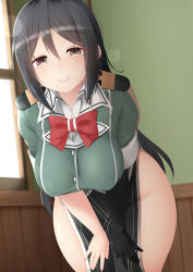 Rule 34 | 1girl, bad id, bad pixiv id, black eyes, black gloves, black hair, bow, bowtie, breasts, chikuma (kancolle), elbow gloves, gloves, indoors, kantai collection, large breasts, leaning forward, long hair, looking at viewer, ne an ito, no panties, pelvic curtain, puffy short sleeves, puffy sleeves, red bow, red bowtie, short sleeves, side slit, sidelocks, single elbow glove, single glove, smile, solo