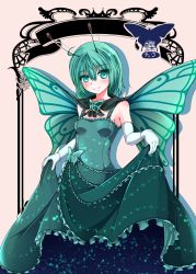Rule 34 | 1girl, absurdres, alternate costume, antennae, blush, bracelet, brooch, bug, butterfly, butterfly wings, cape, censored, crown, dress, elbow gloves, flower, gloves, green dress, green eyes, green hair, highres, insect, insect wings, jewelry, looking at viewer, muki (munikichan), skirt hold, solo, touhou, white gloves, wings, wriggle nightbug