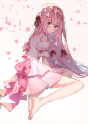 Rule 34 | 1girl, absurdres, bare shoulders, barefoot, blush, bow, closed mouth, commentary request, dress, hair between eyes, hair ribbon, highres, long hair, makiaato, original, pink bow, pink hair, red eyes, red ribbon, ribbon, sitting, sleeveless, sleeveless dress, smile, solo, very long hair, wariza, white background, white dress