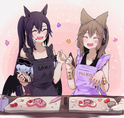 Rule 34 | 2girls, :d, ^ ^, animal ears, apron, bare shoulders, black wings, blush, bracelet, breasts, brown hair, character name, chocolate, cleavage, closed eyes, collarbone, commentary request, duplicate, earmuffs, food, food on face, gradient background, hair between eyes, hands up, happy, horse ears, jewelry, kurokoma saki, long hair, medium breasts, multiple girls, no headwear, off-shoulder shirt, off shoulder, open mouth, pegasus wings, pink background, pixel-perfect duplicate, pointy hair, ponytail, puffy short sleeves, puffy sleeves, shirt, short sleeves, simple background, smile, syuri22, teeth, touhou, toyosatomimi no miko, upper body, upper teeth only, very long hair, wings