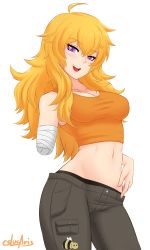 Rule 34 | 1girl, ahoge, amputee, bandages, bare shoulders, bee, blonde hair, blush, breasts, bug, cleavage, cowboy shot, cslucaris, insect, long hair, looking at viewer, midriff, navel, open mouth, pants, purple eyes, rwby, smile, solo, spoilers, stomach, tank top, wavy mouth, white background, yang xiao long
