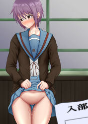 Rule 34 | 1girl, blazer, blue skirt, blush, bottomless, brown eyes, classroom, clothes lift, commentary request, cowboy shot, embarrassed, exhibitionism, glasses, groin, hair between eyes, highres, indoors, jacket, kita high school uniform, lifting own clothes, looking away, looking down, nagato yuki, nagato yuki-chan no shoushitsu, no panties, open clothes, open jacket, public indecency, purple hair, pussy juice, school uniform, short hair, skirt, skirt lift, solo, suzumiya haruhi no shoushitsu, suzumiya haruhi no yuuutsu, syoseki kessyou, thigh gap, thighs, wavy mouth