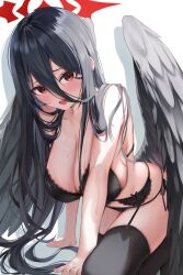 Rule 34 | 1girl, black bra, black hair, black panties, black thighhighs, black wings, blue archive, blush, bra, breasts, cleavage, collarbone, feathered wings, halo, hasumi (blue archive), highres, huge breasts, long hair, low wings, open mouth, panties, red eyes, red halo, shuvi (shuvi1125), solo, thighhighs, underwear, wings
