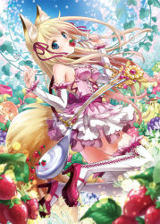 Rule 34 | 1girl, animal ears, bare shoulders, blonde hair, detached sleeves, dress, eating, food, fox ears, fox tail, fruit, hair ribbon, high heels, long hair, looking at viewer, looking back, original, oversized object, pink dress, ribbon, riolabo, solo, spoon, strawberry, tail, thighhighs, very long hair, white thighhighs, zettai ryouiki