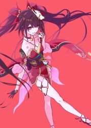 1girl bare_shoulders bell black_choker black_gloves black_hair black_sash butterfly-shaped_pupils choker criss-cross_halter dress flower_tattoo fox_mask gloves gun haimura_kiyotaka halterneck handgun highres holding honkai:_star_rail honkai_(series) long_hair looking_at_viewer mark_under_both_eyes mask mask_on_head neck_bell o-ring open_mouth red_background red_dress red_eyes red_sleeves revolver sash simple_background smile snubnosed_revolver solo sparkle_(honkai:_star_rail) symbol-shaped_pupils tattoo twintails weapon