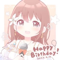 Rule 34 | 1girl, :d, bare shoulders, border, braid, brown hair, collarbone, detached sleeves, dot nose, earrings, floral background, flower, gold trim, grey eyes, hair behind ear, hair between eyes, hanasato minori, happy birthday, highres, holding, holding microphone, jewelry, lace, lace border, light blush, lily (flower), medium hair, microphone, necklace, open mouth, orange background, ornate border, project sekai, puffy short sleeves, puffy sleeves, red ribbon, ribbon, round teeth, short sleeves, simple background, smile, solo, swept bangs, teeth, upper teeth only, white border, white flower, yuki (33098065)