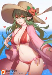 Rule 34 | 1girl, bikini, breasts, cleavage, fire emblem, fire emblem: mystery of the emblem, fire emblem awakening, fire emblem heroes, green eyes, green hair, hair ornament, hat, large breasts, long hair, looking at viewer, nail polish, navel, nintendo, paid reward available, parted lips, pointy ears, ponytail, sky, smile, solo, songjikyo, standing, swimsuit, tiki (adult) (fire emblem), tiki (fire emblem)