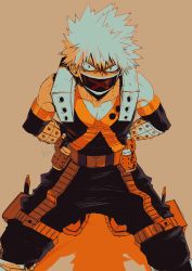 Rule 34 | 1boy, arms behind back, bakugou katsuki, black footwear, black pants, blonde hair, boku no hero academia, boots, covered mouth, duct tape, explosive, gag, gagged, grenade, improvised gag, knee pads, kneeling, limited palette, looking at viewer, male focus, mkm (mkm storage), orange background, pants, red eyes, signature, solo, spiked hair, tape, tape gag