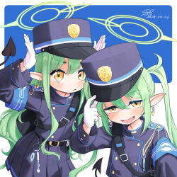 Rule 34 | 2girls, belt, black belt, black hat, black jacket, black shorts, black skirt, black tail, blue archive, buttons, closed mouth, demon tail, dofus (icyboon), double-breasted, fang, gloves, green hair, green halo, hair between eyes, halo, hat, hikari (blue archive), nozomi (blue archive), jacket, long hair, long sleeves, looking at viewer, multiple girls, open mouth, peaked cap, pleated skirt, pointy ears, shorts, sidelocks, skirt, smile, tail, twintails, white gloves, yellow eyes