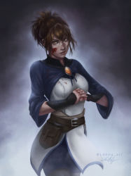 Rule 34 | 1girl, artist name, belt, blood, blood on clothes, blood on face, blood on hands, blue cloak, brown belt, brown hair, cloak, closed mouth, dota (series), dota 2, dress, feet out of frame, highres, lips, looking at viewer, marci (dota), medium hair, orange eyes, serious, simple background, solo, standing, white dress