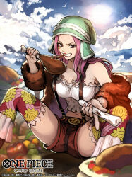 Rule 34 | 1girl, anti-eyebrow piercing, bare shoulders, boned meat, cloud, cloudy sky, commentary request, english text, food, green hat, hat, holding, holding food, jewelry bonney, knees up, lips, lipstick, long hair, looking at viewer, makeup, meat, nail polish, nijihayashi, official art, one piece, outdoors, pink hair, pink nails, purple eyes, red lips, sky, smile, solo, teeth, translation request