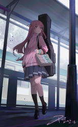 Rule 34 | 1girl, absurdres, bag, black footwear, black poi, black skirt, black socks, blue eyes, blue wristband, blush, bocchi the rock!, brown bag, chinese commentary, closed mouth, commentary request, cube hair ornament, day, full body, gotoh hitori, green wristband, guitar case, hair between eyes, hair ornament, highres, instrument case, jacket, kneehighs, long hair, long sleeves, looking afar, one side up, outdoors, pink hair, pink jacket, pleated skirt, pole, red wristband, shoulder bag, skirt, socks, solo, standing, track jacket, train, train station, tree, walking, wristband, yellow wristband