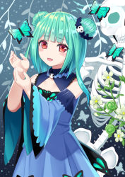 Rule 34 | 1girl, :d, animal, bare shoulders, blue dress, blue sleeves, blunt bangs, blush, bug, butterfly, commentary request, detached sleeves, double bun, dress, flower, green hair, hair bun, hair ornament, hands up, hololive, insect, long sleeves, looking at viewer, md5 mismatch, open mouth, red eyes, resolution mismatch, revision, ribs, skull, skull hair ornament, sleeveless, sleeveless dress, smile, solo, source larger, tukino neru, uruha rushia, uruha rushia (1st costume), virtual youtuber, white flower, wide sleeves