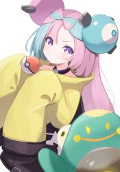 Rule 34 | 1girl, absurdres, bellibolt, blush, bright pupils, character hair ornament, commentary request, creatures (company), game freak, green hair, grin, hair ornament, hands up, highres, iono (pokemon), jacket, long hair, multicolored hair, nintendo, pink hair, poke ball, poke ball (basic), pokemon, pokemon (creature), pokemon sv, purple eyes, rokukarashi, sleeves past fingers, sleeves past wrists, smile, teeth, two-tone hair, white background, yellow jacket