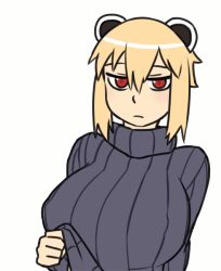 Rule 34 | 1girl, animal ears, animated, animated gif, araiguma-san, blonde hair, bouncing breasts, breast slip, breasts, clothes lift, expressionless, flashing, huge breasts, nipples, no bra, one breast out, original, raccoon ears, red eyes, ribbed sweater, short hair, simple background, solo, sweater, sweater lift, tsukudani (coke-buta), upper body, white background