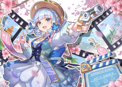 Rule 34 | 1girl, ayaka (genshin impact), back bow, blue dress, blue eyes, blue hair, blunt bangs, blush, bow, braid, breasts, brown hat, butterfly hair ornament, cherry blossoms, collar, commentary, dress, genshin impact, gun, hair ornament, hair up, hat, hat ribbon, holding, holding gun, holding weapon, kamisato ayaka, kamisato ayaka (springbloom missive), light blue hair, long sleeves, mole, mole under eye, official alternate costume, official alternate hairstyle, pantyhose, pink ribbon, ribbon, saylamars, small breasts, smile, solo, upper body, viewfinder, weapon, white collar, white pantyhose, white ribbon