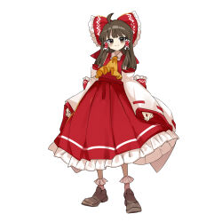 Rule 34 | 1girl, absurdres, ahoge, ascot, blush, bow, brown eyes, brown hair, closed mouth, detached sleeves, frilled bow, frilled hair tubes, frills, hair bow, hair tubes, hakurei reimu, highres, long hair, looking at viewer, red bow, red skirt, ribbon-trimmed sleeves, ribbon trim, shoes, simple background, skirt, skirt set, smile, socks, solo, touhou, usayoshi (touhopu2), white background, yellow ascot