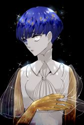 Rule 34 | 1other, ascot, bad id, bad twitter id, black background, blue eyes, blue hair, character request, closed mouth, commentary request, hand up, heterochromia, houseki no kuni, looking to the side, mamaloni, see-through, short hair, solo, sparkle, spoilers, upper body, white ascot, white eyes