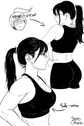 Rule 34 | 1girl, absurdres, ass, breasts, cleavage, from side, glasses, highres, jujutsu kaisen, medium breasts, monochrome, muscular, muscular female, ponytail, set0kazaki, simple background, sports bra, white background, zen&#039;in maki