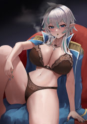 Rule 34 | 1girl, absurdres, ahoge, arm at side, black bra, black panties, blue eyes, blue nails, bra, breasts, chest tattoo, cleavage, ear piercing, earrings, elf, epaulettes, eyelashes, fingernails, green nails, hair intakes, hair ornament, hairclip, heart, heart necklace, highres, jewelry, lace, lace-trimmed bra, lace-trimmed panties, lace trim, large breasts, long fingernails, makeup, mascara, midriff, nail polish, navel, necklace, onedoo, original, panties, piercing, pointy ears, ring, short hair, silver hair, sitting, solo, stomach, stud earrings, tattoo, underwear, x hair ornament