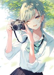 Rule 34 | 1girl, :d, ;d, blouse, blue skirt, blush, brown eyes, camera, collarbone, day, earrings, green hair, hands up, holding, holding camera, jewelry, leaf, looking at viewer, one eye closed, open mouth, original, outdoors, pleated skirt, reia, school uniform, shirt, skirt, sleeves rolled up, smile, solo, strap, upper body, white shirt