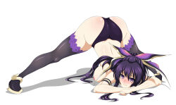 Rule 34 | 1girl, absurdres, ass, black panties, black thighhighs, blush, bow, breasts, closed mouth, commentary request, date a live, embarrassed, hair bow, highres, jack-o&#039; challenge, large breasts, looking at viewer, panties, purple eyes, purple hair, shadow, solo, thighhighs, thighs, underwear, white background, wide hips, yato hebi, yatogami tooka