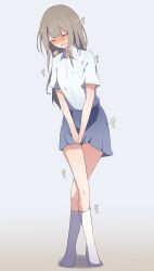 Rule 34 | 1girl, ^ ^, between legs, blue background, blue shirt, blue skirt, blush, breast pocket, brown hair, closed eyes, collared shirt, crossed legs, embarrassed, female focus, flat chest, full body, hand between legs, have to pee, highres, japanese text, legs, long hair, miniskirt, moaning, nose blush, open mouth, original, own hands together, pleated skirt, pocket, raised eyebrows, shirt, short sleeves, sidelocks, simple background, skirt, socks, solo, speech bubble, standing, sweat, tears, thighs, translation request, trembling, v arms, watakarashi, watson cross, white socks