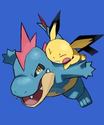 Rule 34 | af (afloatisland), animal focus, blue background, commentary request, creatures (company), croconaw, closed eyes, game freak, gen 2 pokemon, highres, nintendo, no humans, open mouth, pichu, pokemon, pokemon (creature), pokemon on back, simple background, tongue, yellow eyes