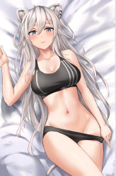 Rule 34 | 1girl, absurdres, animal ears, bare arms, bare shoulders, bed sheet, black panties, black shirt, blouse, breasts, cleavage, clothes pull, collarbone, crop top, edchi, female focus, from above, grey eyes, grey hair, highres, hololive, large breasts, lion ears, lion girl, lion tail, long hair, looking at viewer, lying, midriff, navel, no pants, on back, panties, panty pull, pulling own clothes, shirt, shishiro botan, shishiro botan (button-down), sleeveless, sleeveless shirt, solo, stomach, tail, thighs, underwear, very long hair, virtual youtuber