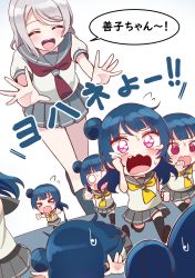 Rule 34 | &gt; &lt;, 6+girls, :d, @ @, ^ ^, absurdres, black footwear, black legwear, blue hair, blush, chibi, closed eyes, deadnooodles, fang, fleeing, flying sweatdrops, grey sailor collar, grey skirt, hair bun, highres, long hair, love live!, love live! sunshine!!, mini person, minigirl, multiple girls, o o, open mouth, outstretched arms, pleated skirt, puffy short sleeves, puffy sleeves, purple eyes, red neckwear, round teeth, running, sailor collar, shirt, shoe soles, shoes, short sleeves, side bun, silver hair, single hair bun, single side bun, skirt, smile, sweat, tears, teeth, thighhighs, translation request, tripping, tsushima yoshiko, upper teeth only, watanabe you, wavy eyes, wavy mouth, white shirt, yellow neckwear