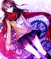 Rule 34 | 1girl, :o, bad id, bad pixiv id, black hair, black skirt, chocoan, dutch angle, hair ornament, hairclip, kagerou project, long hair, long sleeves, looking at viewer, neckerchief, open mouth, parted lips, red eyes, red scarf, scarf, skirt, sleeves past wrists, solo, standing, sweater, tateyama ayano