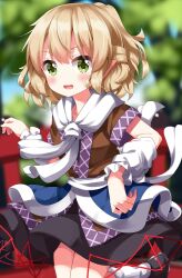 Rule 34 | 1girl, arm warmers, black footwear, black skirt, blurry, blurry background, bridge, commentary request, green eyes, highres, looking at viewer, mizuhashi parsee, multicolored clothes, open mouth, pointy ears, ruu (tksymkw), skirt, socks, solo, touhou, white socks