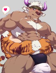 Rule 34 | 2boys, abs, animal ears, bad id, bad pixiv id, bara, blush, briefs, bulge, bulge press, bulge to ass, bulges touching, chest hair, cow boy, cow ears, cow horns, cowboy shot, dry humping, facial hair, furry, furry male, furry with furry, heart, highres, hombre tigre (housamo), horns, hug, humping, imminent anal, imminent penetration, istani, large pectorals, male focus, male underwear, manly, multiple boys, muscular, nipples, paid reward available, pectorals, purple eyes, purple horns, shennong (housamo), short hair, thick thighs, thighs, tiger boy, tokyo houkago summoners, topless male, underwear, upper body, white hair, yaoi
