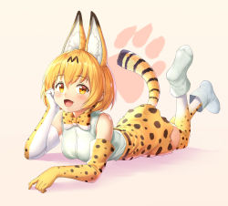 Rule 34 | 10s, 1girl, :d, animal ears, bare shoulders, blonde hair, blush, bow, bowtie, breasts, commentary, drogoth, elbow gloves, fang, foreshortening, full body, gloves, hand on own cheek, hand on own face, high-waist skirt, highres, kemono friends, legs up, looking at viewer, lying, medium breasts, multicolored clothes, multicolored gloves, multicolored legwear, multicolored skirt, on stomach, open mouth, serval (kemono friends), serval print, serval tail, shirt, shoes, short hair, simple background, skirt, sleeveless, sleeveless shirt, smile, solo, tail, tareme, thighhighs, white footwear, white shirt, yellow background, zettai ryouiki