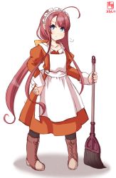 Rule 34 | 1girl, absurdres, ahoge, alternate costume, apron, artist logo, asymmetrical bangs, black legwear, blue eyes, boots, broom, brown footwear, commentary request, cross-laced footwear, dated, dress, enmaided, full body, hair ribbon, hairband, hand on own hip, highres, kanon (kurogane knights), kantai collection, kawakaze (kancolle), lace-up boots, long hair, looking at viewer, low twintails, maid, maid headdress, orange dress, pointy ears, red hair, ribbon, sidelocks, simple background, solo, twintails, very long hair, white apron, white background