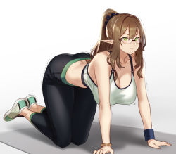 Rule 34 | 1girl, :t, all fours, ass, bracelet, breasts, brown hair, brown haired glasses elf (houtengeki), cleavage, crop top, elf, full body, green eyes, houtengeki, jewelry, large breasts, long hair, mature female, midriff, original, pants, pointy ears, ponytail, rimless eyewear, shoes, sidelocks, simple background, sneakers, solo, sports bra, sweat, wavy mouth, wristband, yoga pants