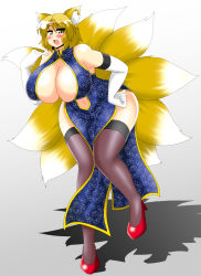 Rule 34 | 1girl, akasode (tyaramu), animal ears, bare shoulders, blonde hair, blush, breasts, center opening, china dress, chinese clothes, cleavage, curvy, dress, elbow gloves, fingerless gloves, fox ears, fox tail, gigantic breasts, gloves, high heels, highres, huge breasts, kitsune, kyuubi, leaning forward, looking at viewer, multiple tails, navel, open mouth, pelvic curtain, short hair, smile, solo, standing, tail, touhou, wide hips, yakumo ran, yellow eyes