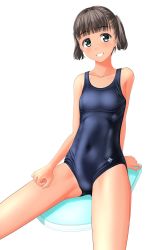 Rule 34 | 1girl, absurdres, black hair, blue one-piece swimsuit, breasts, collarbone, cowboy shot, green eyes, grin, highres, kickboard, looking at viewer, navel, new school swimsuit, one-piece swimsuit, original, school swimsuit, short hair, simple background, small breasts, smile, solo, swimsuit, takafumi, tan, twintails, white background
