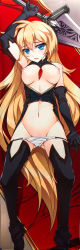 Rule 34 | 1girl, absurdres, ankle boots, arm up, bare shoulders, between breasts, black footwear, black gloves, black thighhighs, blonde hair, blue eyes, blush, boots, breasts, breasts apart, breasts out, clothes between breasts, copyright request, dakimakura (medium), elbow gloves, eyelashes, female focus, from above, full body, gloves, gluteal fold, groin, highres, holding, holding weapon, linea alba, long hair, looking at viewer, lying, medium breasts, nakajou, navel, nipples, on back, open clothes, open mouth, panties, panty pull, pussy juice, scan, solo, spread legs, stomach, sword, thighhighs, thong, underwear, very long hair, weapon