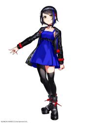 Rule 34 | 1girl, ankle boots, arms at sides, asymmetrical legwear, black choker, black footwear, black hair, black jacket, black thighhighs, blue dress, blue hair, boots, choker, closed mouth, denonbu, dress, full body, hair ornament, jacket, long sleeves, looking at viewer, mika pikazo, multicolored hair, official art, open clothes, open jacket, seto mitsuki (denonbu), short dress, short hair, simple background, single thighhigh, solo, standing, streaked hair, thighhighs, uneven legwear, watermark, white background, x hair ornament, yellow eyes
