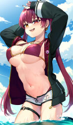 Rule 34 | 1girl, absurdres, arms up, bikini, bikini under clothes, bikini under shorts, black jacket, blue sky, blush, breasts, cloud, earrings, gold earrings, gold necklace, gold trim, heart, heart earrings, heart necklace, heterochromia, highres, hololive, houshou marine, houshou marine (summer), jacket, jewelry, large breasts, long hair, mal to mal, nail polish, navel, necklace, o-ring, o-ring thigh strap, official alternate costume, red bikini, red eyes, red hair, red jacket, red nails, short shorts, shorts, single earring, sky, smile, swimsuit, thigh strap, twintails, two-sided fabric, two-sided jacket, virtual youtuber, wading, water, white shorts, yellow eyes