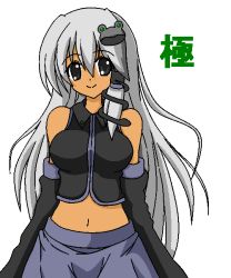 Rule 34 | 1girl, alternate color, alternate hair color, bare shoulders, black eyes, breasts, colorized, detached sleeves, grey hair, hair ornament, hair tubes, kochiya sanae, long hair, looking at viewer, midriff, osashin (osada), simple background, smile, solo, touhou, very long hair, white background, zatto (kita)