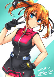 Rule 34 | 1girl, bare shoulders, black gloves, blue eyes, blush, breasts, closed mouth, dated, gloves, hair ribbon, hand on own hip, highres, looking at viewer, lyrical nanoha, mahou shoujo lyrical nanoha strikers, medium breasts, medium hair, orange hair, ribbon, san-pon, signature, sleeveless, solo, teana lanster, twintails, v