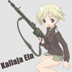Rule 34 | 00s, 1girl, :d, bad id, bad pixiv id, blonde hair, blue eyes, blush, core (mayomayo), erica hartmann, grey background, gun, holding, holding weapon, long sleeves, looking at viewer, military, military uniform, miniskirt, open mouth, rifle, short hair, simple background, skirt, smile, solo, strike witches, uniform, weapon, world witches series
