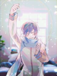 Rule 34 | 1boy, arms up, backlighting, bibinggwas2, blue hair, blue nails, blue scarf, blush, clenched hands, closed eyes, commentary, facing viewer, hand up, highres, kaito (vocaloid), long sleeves, male focus, scarf, short hair, smile, solo, teeth, upper body, vocaloid