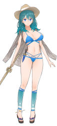 Rule 34 | 1girl, bikini, blue bikini, blue eyes, blue hair, breasts, byleth (female) (fire emblem), byleth (fire emblem), dagger, fire emblem, fire emblem: three houses, full body, hat, highres, holding, holding sword, holding weapon, knife, large breasts, medium hair, neee-t, nintendo, sandals, sheath, sheathed, simple background, solo, swimsuit, sword, weapon, white background